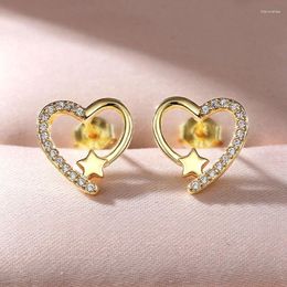 Stud Earrings Gold Colour Plated Heart Shiny Zircon Earring Metal Elegant Fashion Jewellery Romantic Female Couple Earrin