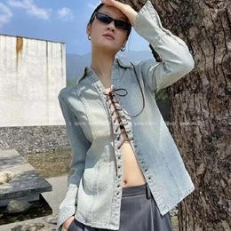 Women's Polos Sexy Cross Leather Rope Strap Long Sleeve Denim Shirt Jacket Top