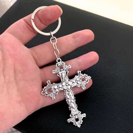 Keychains Lanyards Large Moth Cross Keychain Pendant Floral Filigree Victorian Vintage Gothic Style Great Gift for Her Protection Amulet Y240510