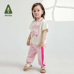 Clothing Sets Amila 2024 Summer New Clothes for Baby Boys and Girls in Contrasting Colour Lapel Cartoon Top and Bottom T-shirt + Pants GroupL2405