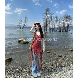 Red Floral Irregular Mesh Suspender Dress For Womens Summer New Niche Design Dress Beach Skirt