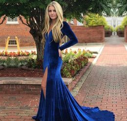 Party Dresses 2024 Mermaid Royal Blue Velvet Prom Dress Sexy V Neck Long Sleeves Formal Holidays Wear Graduation Evening Gown Plus Size