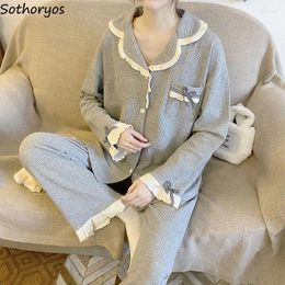 Women's Sleepwear Pyjama Sets Women Sweet Autumn Students Ruffles Design Simple Lounge Wear Home Stylish Basic Tender Fashion Korean Style