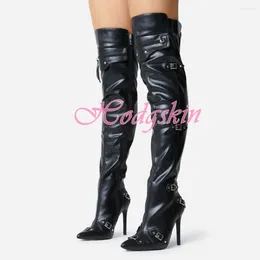 Boots Buckles Pocket Fringe Pointy Toe Solid Side Zipper Stiletto Heels Women Shoes Over The Knee Winter Party Dress Long
