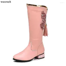 Boots Weoneit 2024 Winter Girls PU Leather Tassel Princess For Kids Fashion Student High-Heeled Performance Shoes