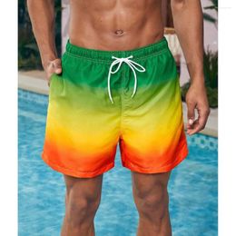 Men's Shorts Color Block Drawstring Beach Swim Trunks Elastic Waist 3D Print Gradient Breathable Short Streetwear Polyster