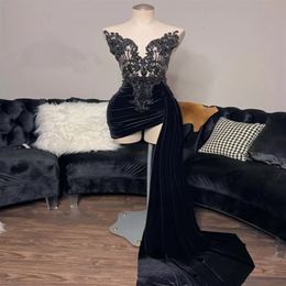 Black Velvet Sweetheart Short Prom Dress Appliques Graduation Gowns Beaded Birthday Party Gown Mermaid Mini Cocktail Homecoming 271p