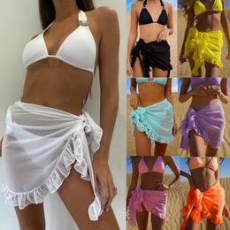 Women Swimsuit Bikini Cover-up Skirt Summer Solid Colour Beach Wrap Swimwear Female Ruffle Trim Lace Up Sarong Cover