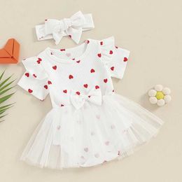 QQHT Girl's Dresses Baby heart-shaped tulle Tutu jumpsuit with pleated sleeves and ribbed patchwork mesh tight fitting suit for Valentines Day d240515