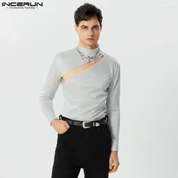 Men's T Shirts Fashion Casual Style Tops INCERUN Men Diagonal Placket Hollow Design T-shirts Handsome Male Long Sleeved Camiseta S-5XL 2024