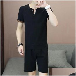 Men'S Tracksuits Mens 2023 Summer Cotton Linen Short-Sleeved Sets Men Tshirt Shorts Suit Male Chinese Style Two-Piece Set Drop Deliv Dh06O