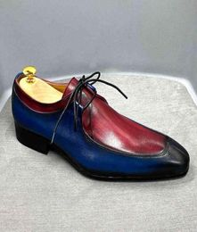 Mens Oxford Shoes Vintage Blue and Red Mixed Colours Design Genuine Cow Leather Dress Shoes Formal Business Office Lace Up Shoes6088044