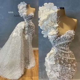 Sequins Mermaid Sparkly Evening Dresses One Shoulder Strap Sleeveless Handmade Flowers Custom Made Prom Party Ball Gown Formal Ocn Wear Plus Size 403 0515