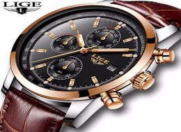 LIGE Mens Watches Top Brand Luxury Leather Casual Quartz Watch Men Military Sport Waterproof Clock Gold Watch Relogio Masculino LY6900926