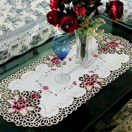 Table Mats 1Pcs 16x33 Inches White Oval Satin Fabric Lace Tablecloth Doily Embroidered Floral Small Cover Home Decor Placemat