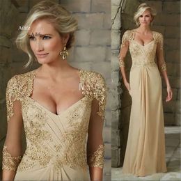Elegant Chiffon Mother Of The Bride Dresses Long Sleeves Champagne Appliques Lace Formal Evening Gowns Plus Size Custom Made 0515