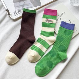Women Socks Autumn And Winter Green Striped Retro Women's Mid-tube Stockings Network Red Double Needle Long Cotton