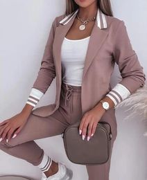 Womens Spring Double Breasted Blazer Office Pantsuit Striped Notched Collar Coat Drawstring Pants Set 2 Piece Female 240428