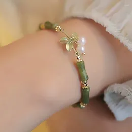 Bangle Fashion Light Luxury Retro Green Bamboo Joint Bracelet Women Romantic Imitation Pearl Pendant Jewelry Accessories Gifts