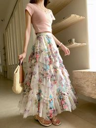 Skirts Fashion Vintage Flower Print High Waist Maxi Skirt For Women 2024 Summer Ladies Beach Boho Holiday Mesh Pleated Long