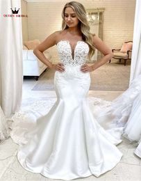 Sexy Satin Wedding Dresses Mermaid Strapless Lace Beaded 2023 New Fashion Long Formal Bride Gowns Custom Made SD02B