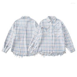 Men's Casual Shirts Streetwear Mens Oversize Short Sleeve Buttoned Lapel For Men Vintage Ripped Design Loose Plaid Print Shirt