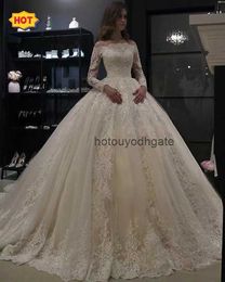 2023 Princess White Wedding Dress lace Appliques Vintage Transparent Long Sleeves Bridal Dress Ball Gown robe mariage Dresses Elegant Summer Beach Boho bride gown