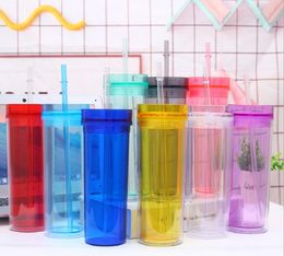 16oz Acrylic Skinny Tumbler with Straw 480ml Double Walled Plastic Coffee Mugs Clear Colorful Water Bottles Travel Straight Cup3162488