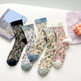 Women Socks Crystal Silk Flower Pattern Summer Transparent Breathable Ultra-thin Colourful Mid Tube Soft Casual Dress Accessories