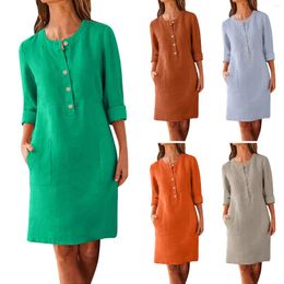 Casual Dresses Elegant Women'S Half Length Dress Fashionable Loose Cotton Linen Round Neck Three Quarter Sleeve Button Up