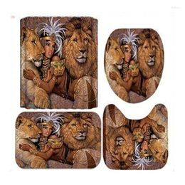 Shower Curtains Lion African Woman Afro Girl Egyptian Lady Moon Leopard Animal Set With Bath Floor Rugs 4Pcs For Bathroom Decor