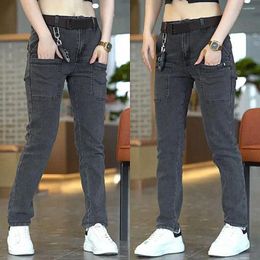 Men's Pants Men Denim Straight Cut Trousers Retro Jeans With Multi Pockets Zipper Closure For Mid Waist A