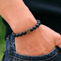 Unique French Bulldog Dog Paw Bracelet Men Black Stone Hand Jewellery Accessories Pulseira Hombre Gift