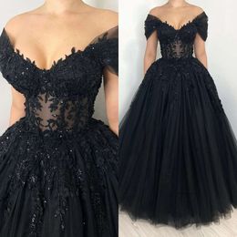 Glamorous A Line Gothic Off Shoulder Wedding Dresses Bridal Gowns Beading Appliques Lace Up Back Country Black Robe Mariage 0515