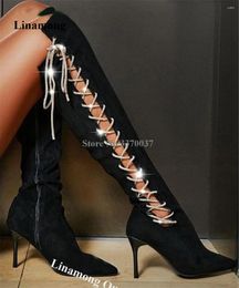 Boots Linamong Est Black Suede Over Knee Sexy Side Cut-out Lace-up Pointed Toe Stiletto Heel Long Party Dress Heels