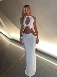 Chic Cut Out White Holiday Dresses For Women Summer Elegant Sleeveless Halter Bodycon Robe Lady Evening Party Sundress 240514