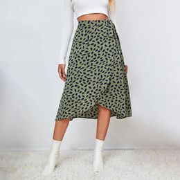 Skirts 2024 Women Midi Dress Printed High Waist Ruffle Hem Irregular Loose Lace Up Skirt Over Knee Slit Beach