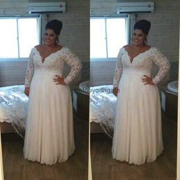 Plus Size Wedding Dresses Lace Top Long Sleeve Deep V Neck Floor Length 2021 New Elegant Bridal Gowns Custom Size