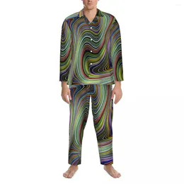 Home Clothing Curvy Lines Print Pyjama Set Autumn Neon Multicoloured Daily Sleepwear Man 2 Piece Casual Oversize Graphic Nightwear Gift Idea