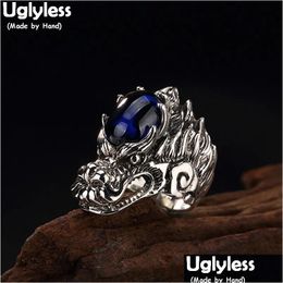 Wedding Rings Uglyless Real S 925 Sterling Sier Natural Blue Chalcedony Men Handmade Engraved Dragon Finger Ring Ancient Totem Jewel Dhvnd