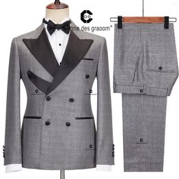 Men's Suits Cenne Des Graoom 2024 Elegant Grey Tuxedo For Men Double Breasted Black Satin Collar Jacket Pants 2 Pcs Set Wedding