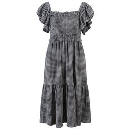 Summer Black Plaid Dress Short Sleeve Square Neck Midi Casual Dresses Y4W09225N