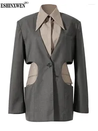 Women's Suits Eshin Khaki Color-block Hollow Out Elegant Blazer Women Lapel Long Sleeve Jacket Fashion Tide Spring Autumn 2024 XF2024