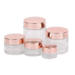 Packing Bottles Wholesale Frosted Glass Cream Jar Clear Cosmetic Bottle Lotion Lip Balm Container With Rose Gold Lid 5G 10G 30G 50G Dhe3E