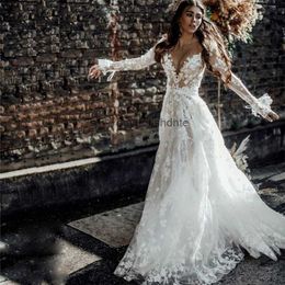 Sexy Transparent Beach Wedding Dresses Lace Appliqued Boho Bridal Gown Full Lace A Line Custom Made Vestidos De Novia