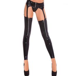 Sexy Women Thigh Leather Stockings Female Erotic Gaiters Waist Zipper Wetlook Black Vinyl Latex Gothic Tights Socks Hosiery5371888