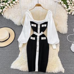 New design women square collar lantern long sleeve Colour block single breasted knee length knitted bodycon dress