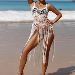 Sexy 2024 Crochet Bikini Cover-up Hollow Out Dress Women Summer Beachwear Swim Suit See Through Tassel Cover Up Woman Swimwear