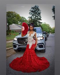 Red O Neck Long Prom Dress For Black Girls Beaded Crystal Rhinestone Birthday Party Gowns Tassel Evening Dresses Sequined Robe