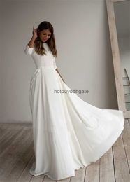 Simple Wedding Dress Long Sleeves A Line Crepe Boat Neck Elegant Bridal Dresses With Pockets Plus Size robe de mariee